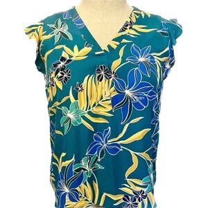 St Tropez Tropical Floral Blouse in Teal/Gold/Blue Women’s M